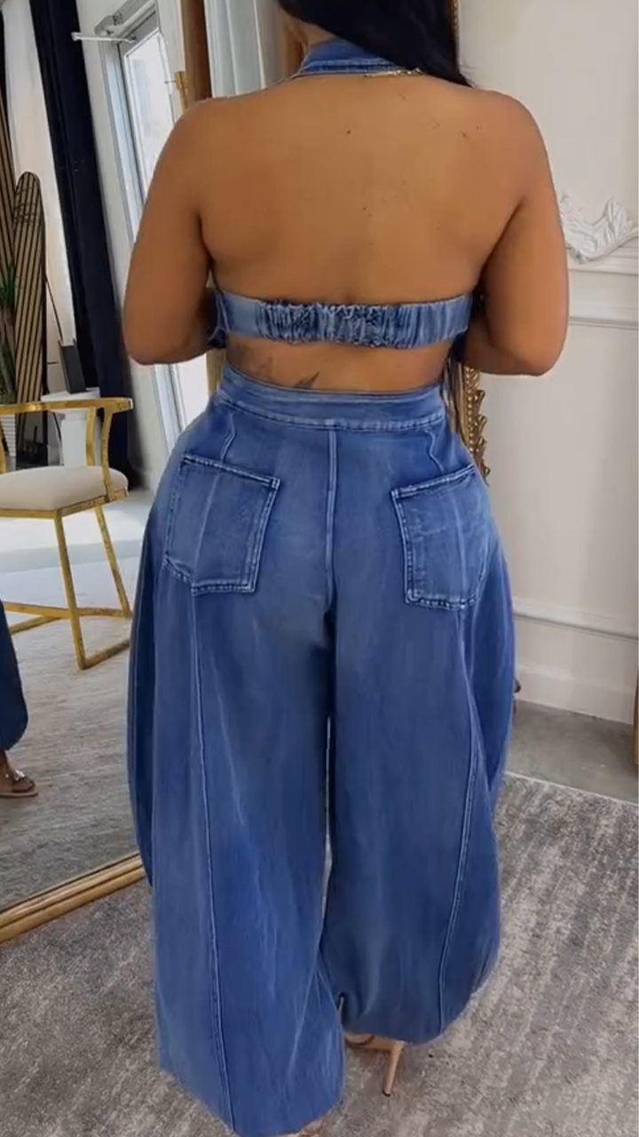 Womens Collared Patchwork Casual Denim Jumpsuit