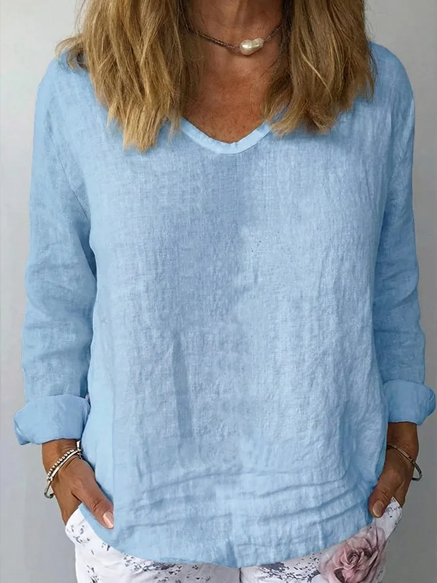 Women's V-neck Long-sleeved Cotton And Linen Top