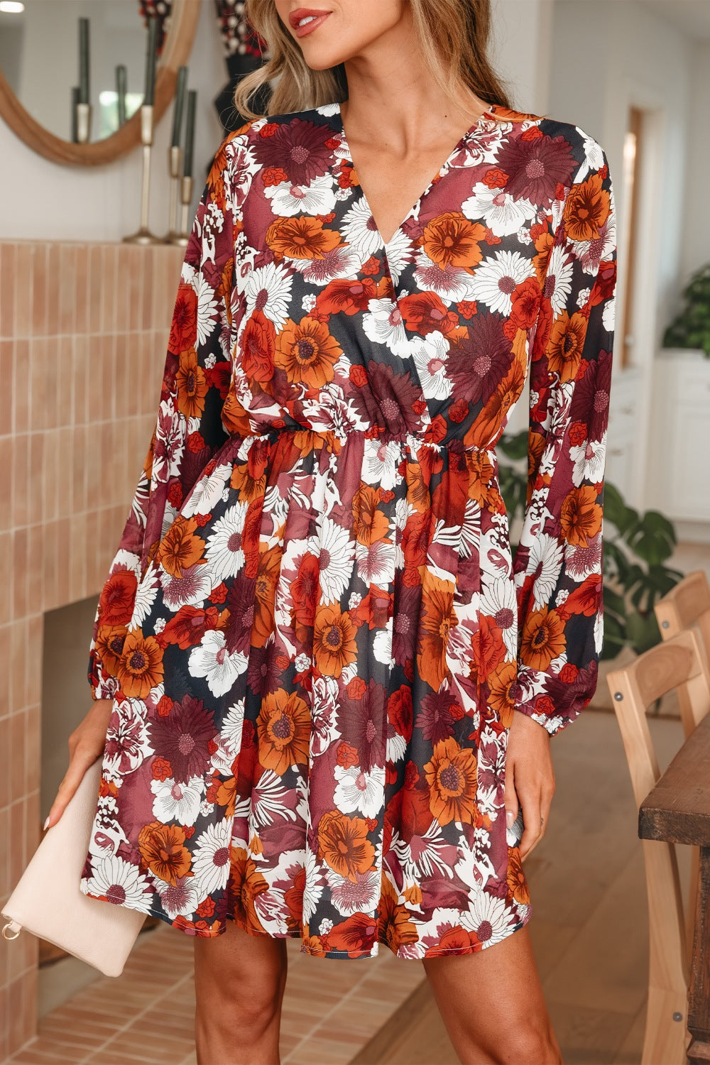 Floral Print Wrap V Neck Puff Sleeve Flowy Mini Dress