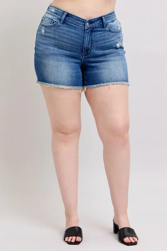 V-Front Denim Shorts with Shield Pockets
