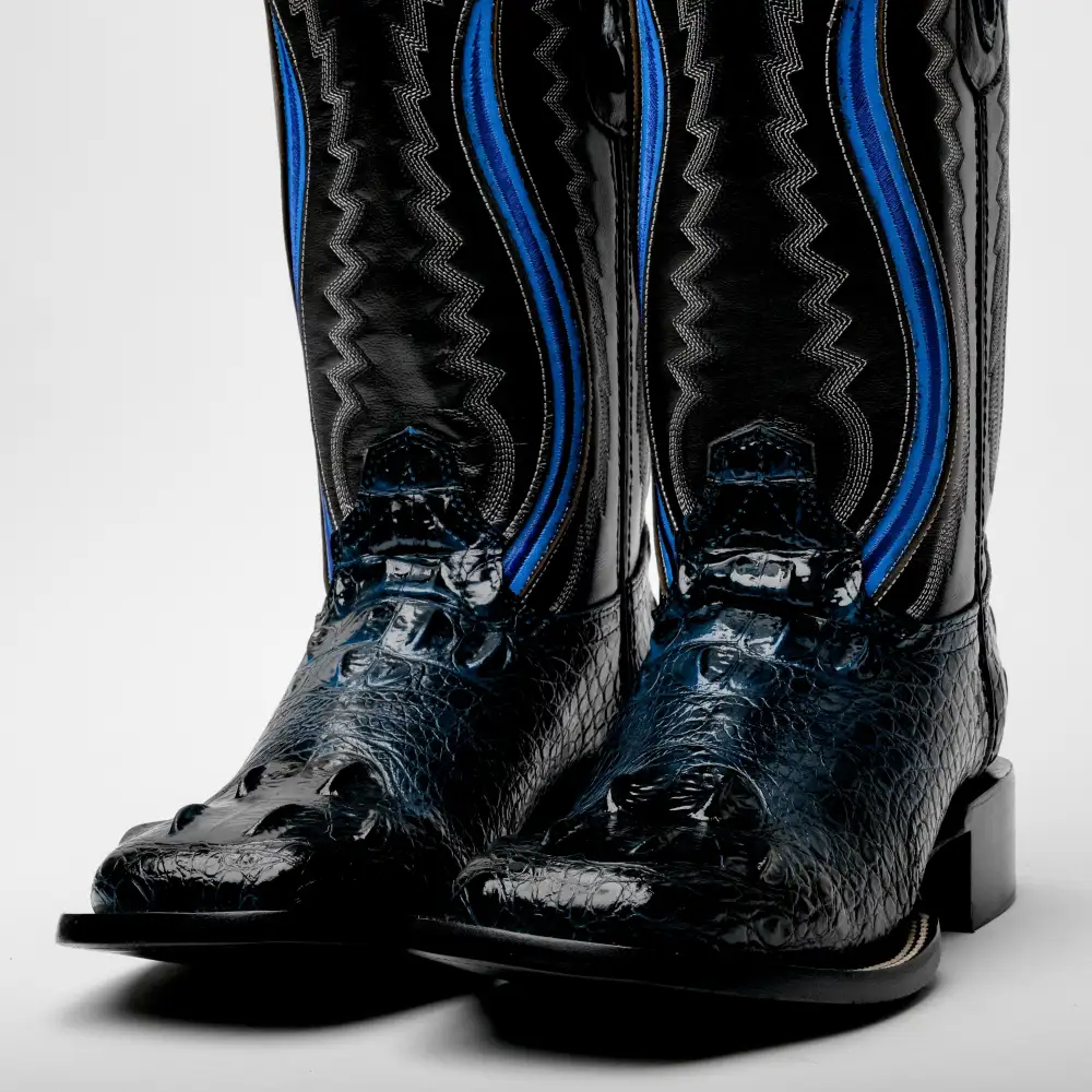 Midnight Blue Giant Caiman Hornback Leather Boots - Square Toe