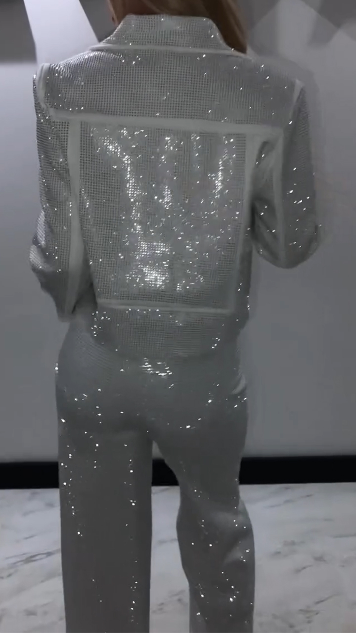 Women Laple Collar Hot Diamond Jacket+ Pants Sparkling Casual Set