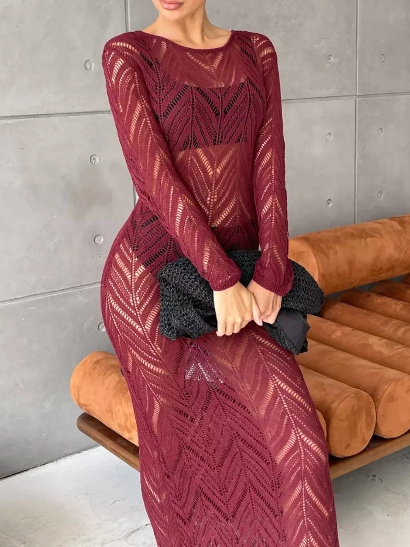 Openwork Long Sleeve Knit Cover Up Dress