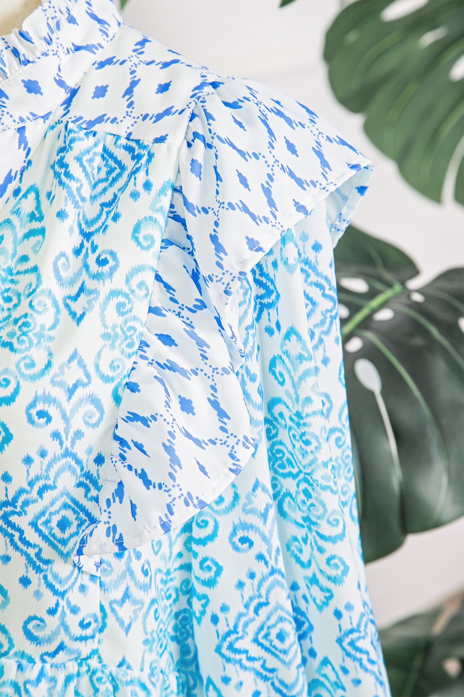 Sky Blue Boho Floral Geometric Patchwork Ruffle Detail Puff Sleeve Mini Dress