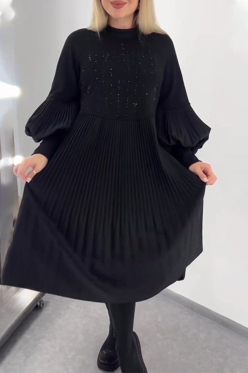 Women's Round Neck Lantern Sleeve Rhinestone Pleated Dress