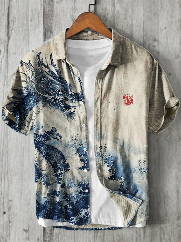 Ancient Dragon & Sea Waves Japanese Art Linen Shirt