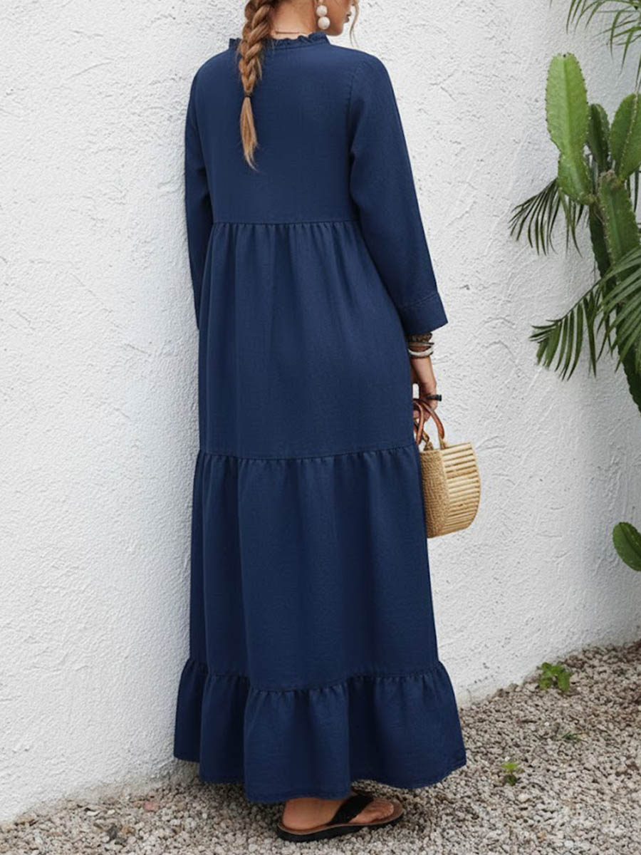 Women's Solid Color Round Neck Long Sleeve Casual Loose Cotton Linen Dress