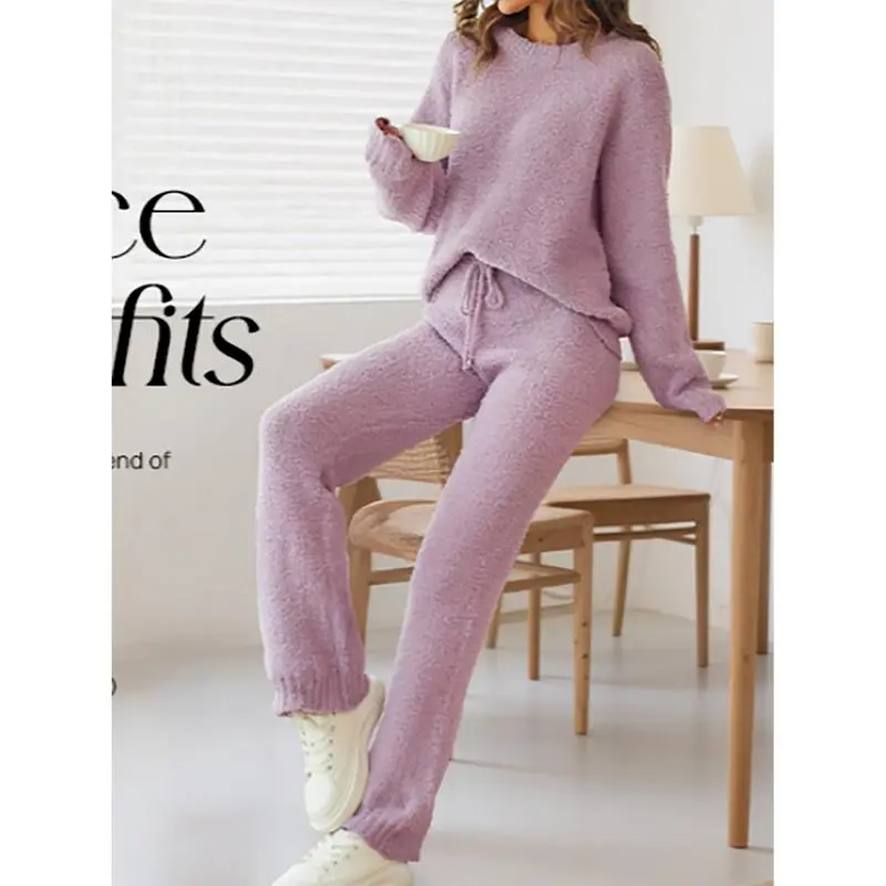 Women Fuzzy Fleece Long Sleeve Pajama Loungewear Set