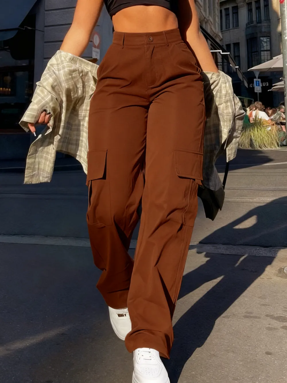 Women's Plain Flap Pocket Button High Waist Cargo Pants