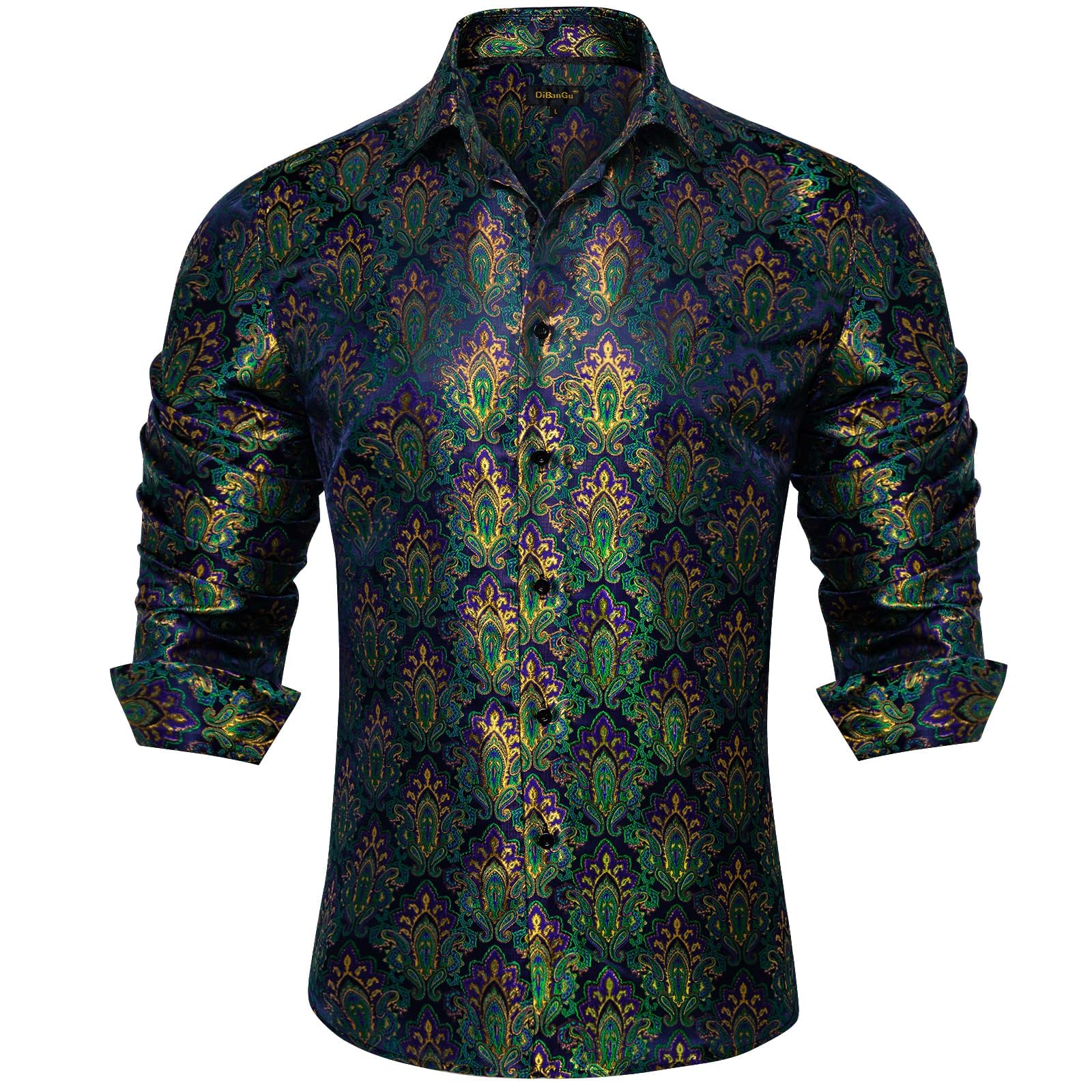 Men's Paisley Dress Shirt Long Sleeve Wrinkle Free Button Down Cowboy Shirts - Green&gold&paisley