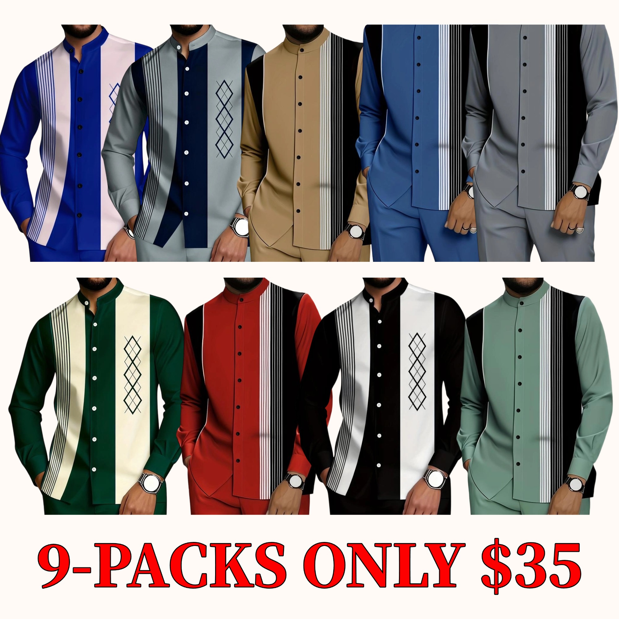 Men's two-piece set, including a black and white vertical striped button-down shirt and a pair of drawstring waist casual pants