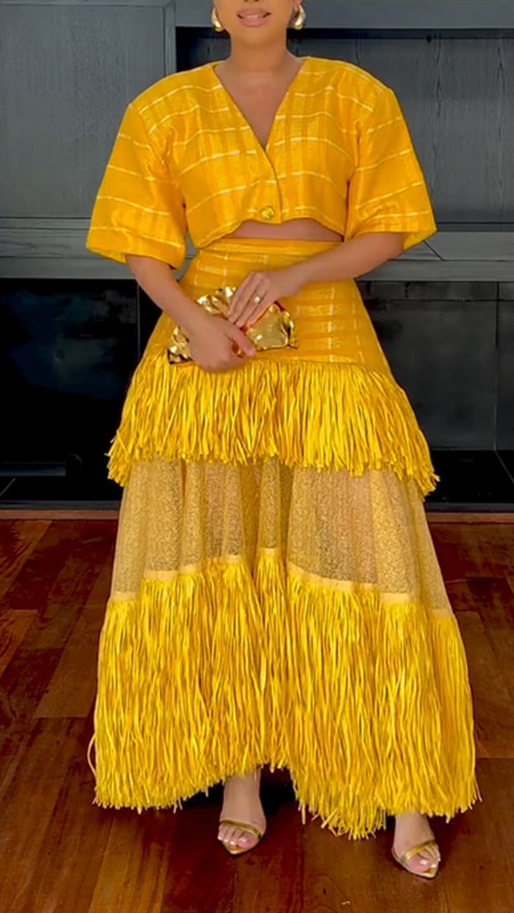 Women V-neck Striped Top + Patchwork Tassel Half Skirt Dinner Party Style Set