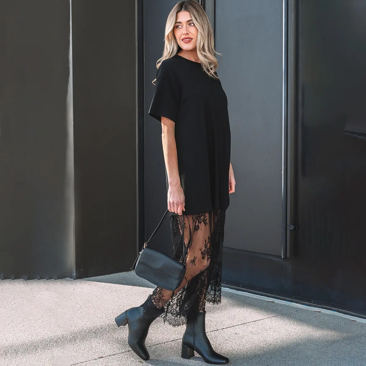 Women’s Oversized T-Shirt Maxi Dress with Sheer Lace Hem