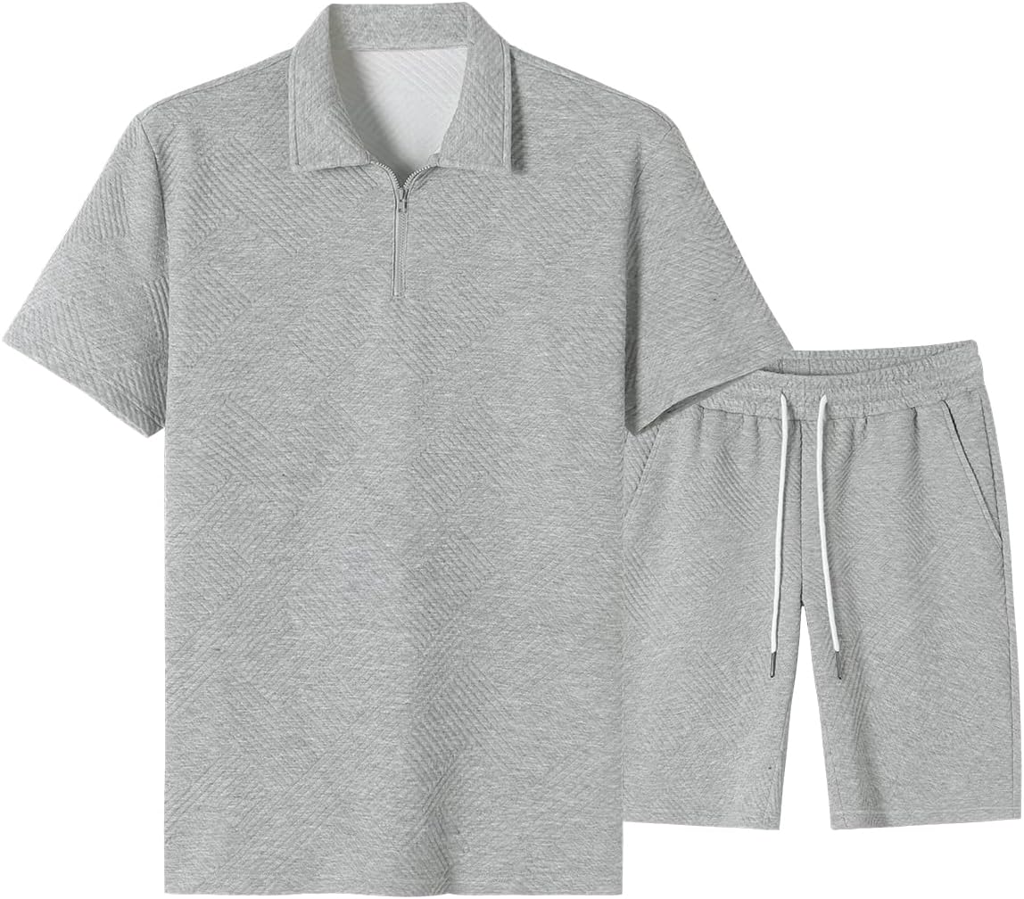 Men's Tracksuits 2 Piece Outfits Casual Sweatsuit Textured 1/4 Zip Short Sleeve Golf Polo Shirt and Short Sets