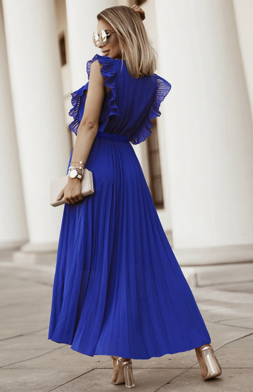 Beach Lotus Leaf Sleeve Chiffon Pleated Skirt Solid Color Dress