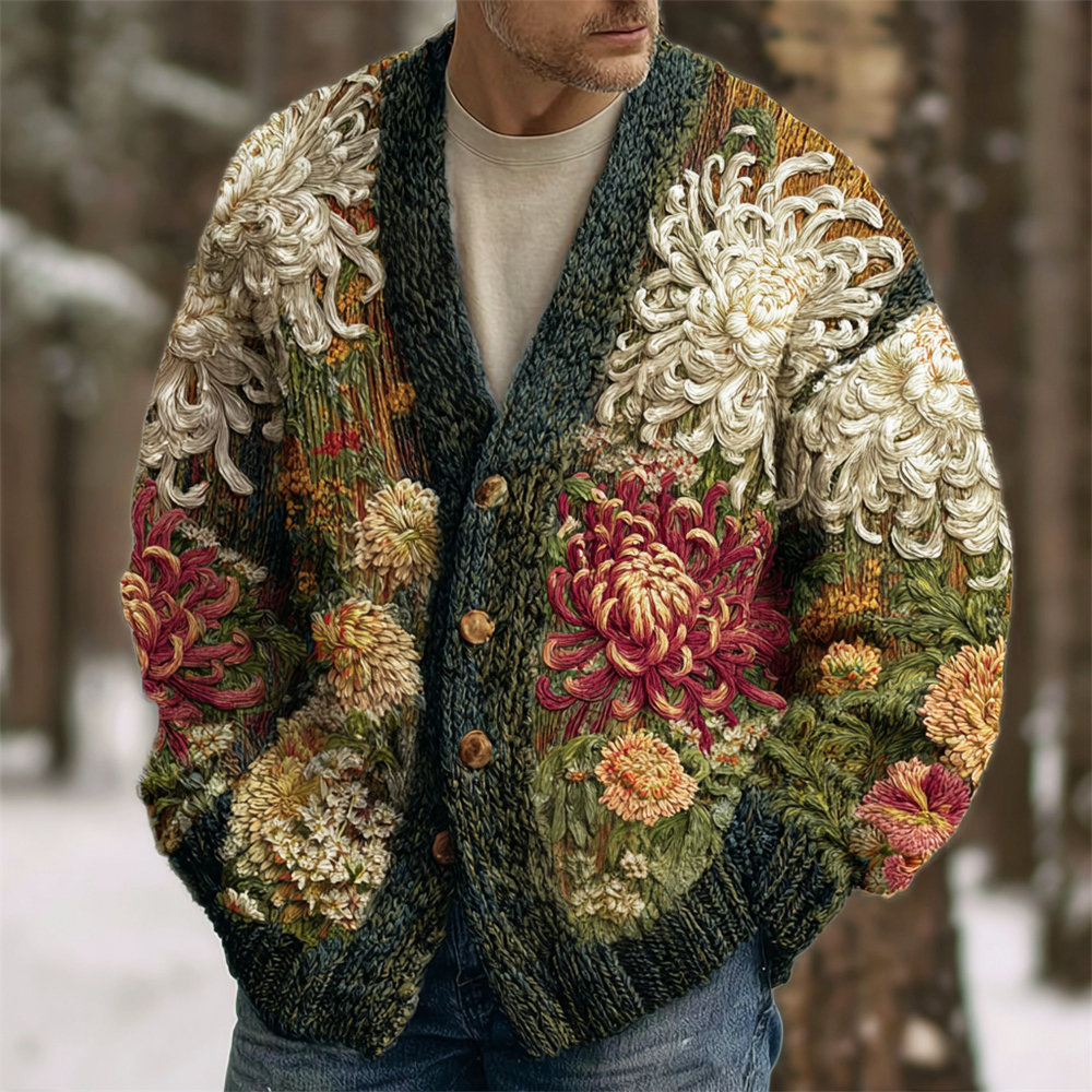 Vintage Japanese Chrysanthemum Embroidered Men's Knit Cardigan