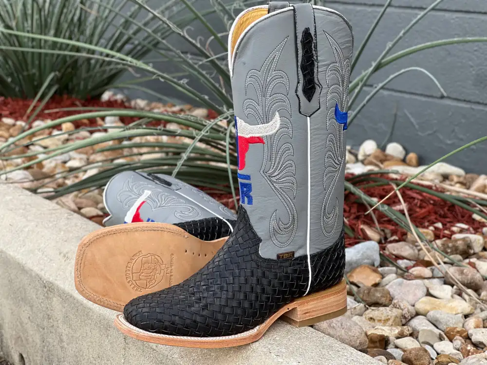 Men’s Black Basket Weave Leather Boots With Grey Shaft