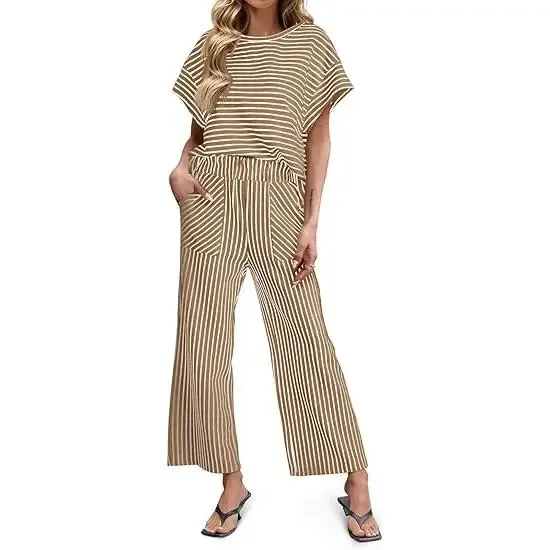 Women’s Striped Batwing Top & Wide Leg Pants 2-Piece Lounge Set with Pockets