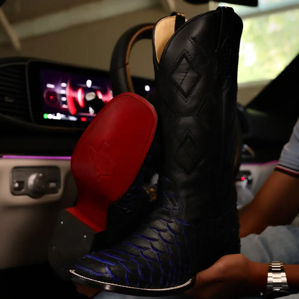 Black & Indigo Jumbo Python Leather Boots - Square Toe