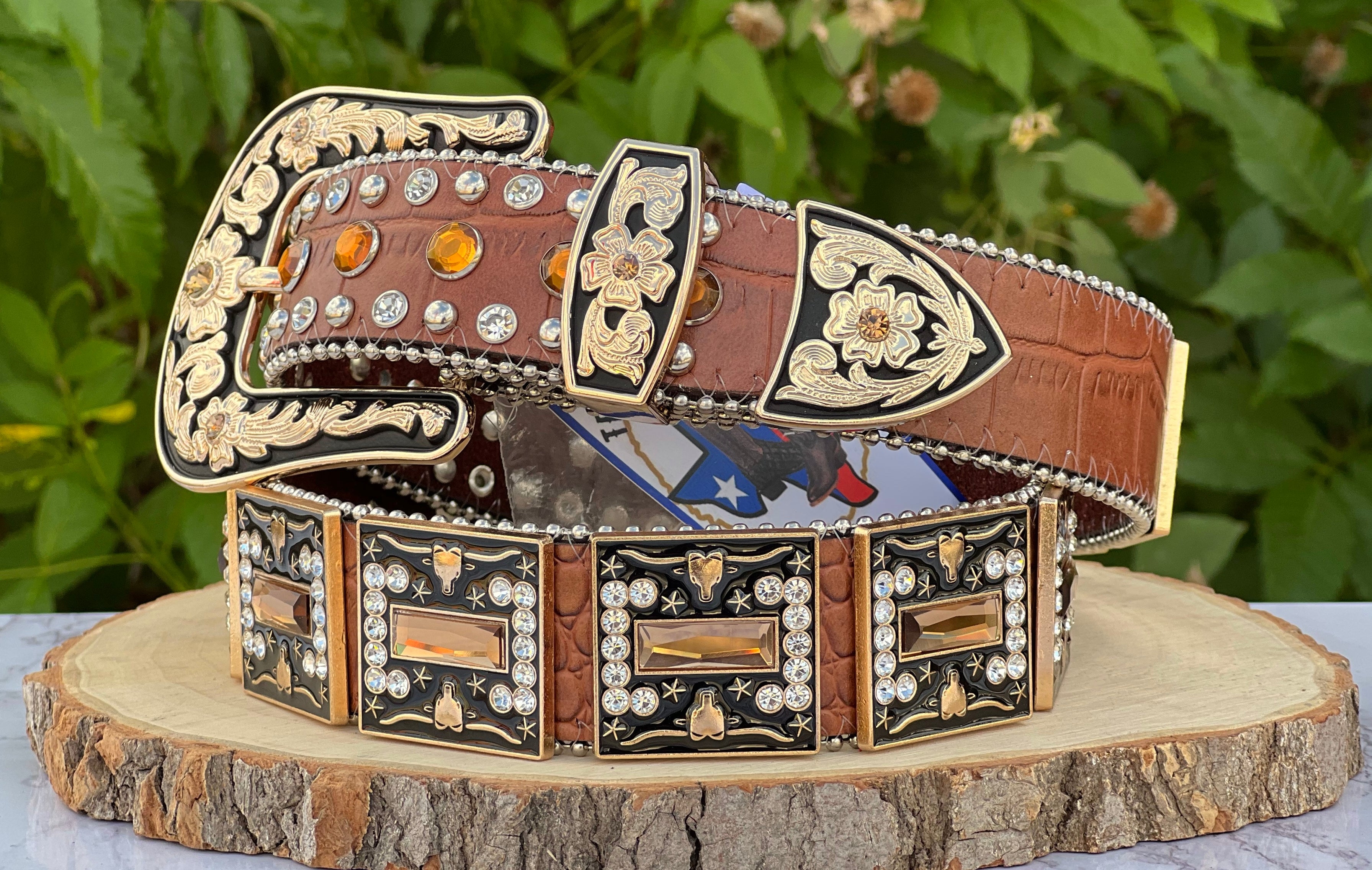 Western Brown Longhorn Belt With Rhinestone