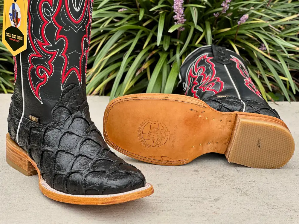 Men’s Black Pirarucu Leather Boots With Black/ Red Embroidery Shaft
