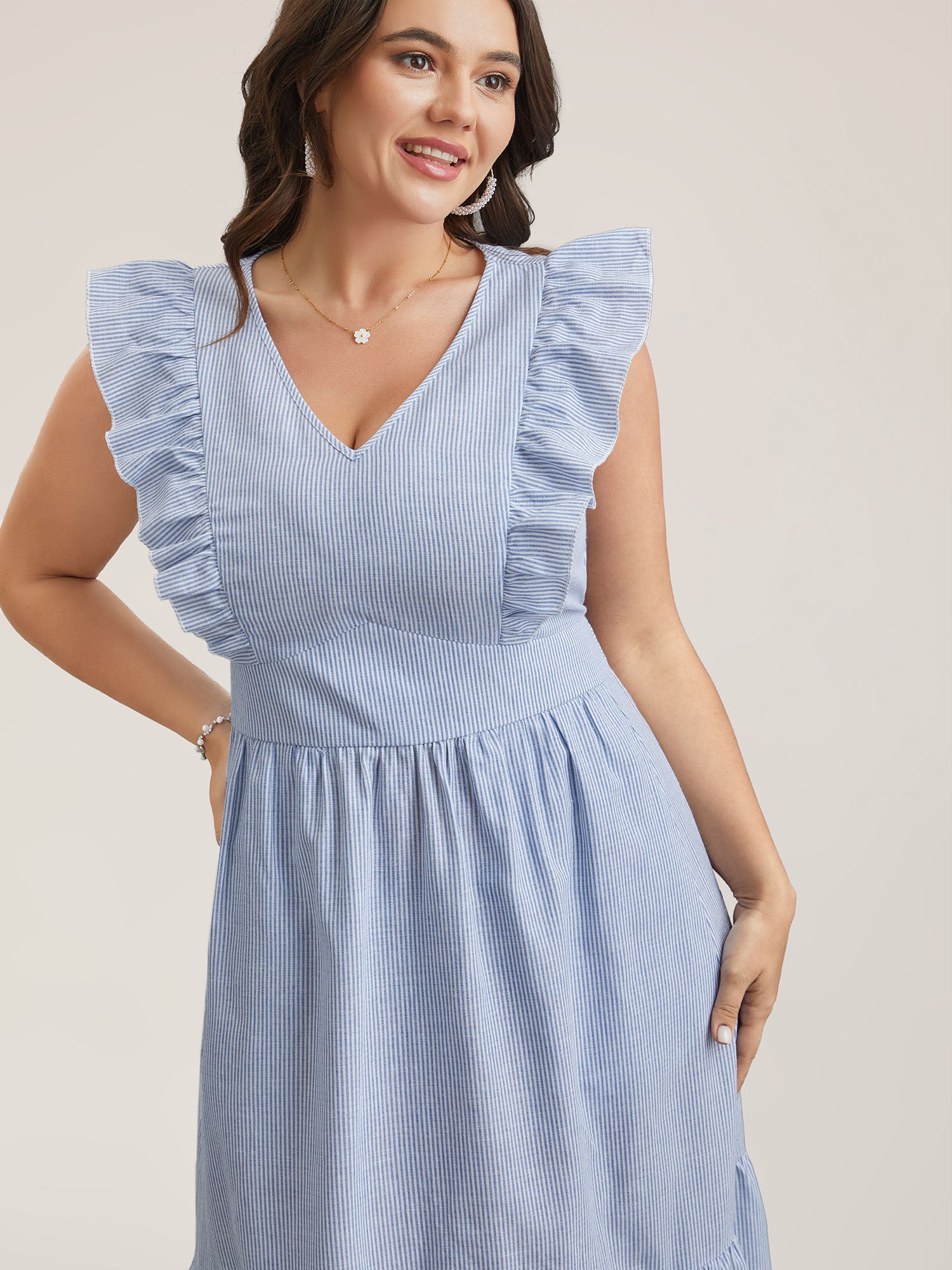 Ruffled Striped Print Triangular Waist Midi Dress