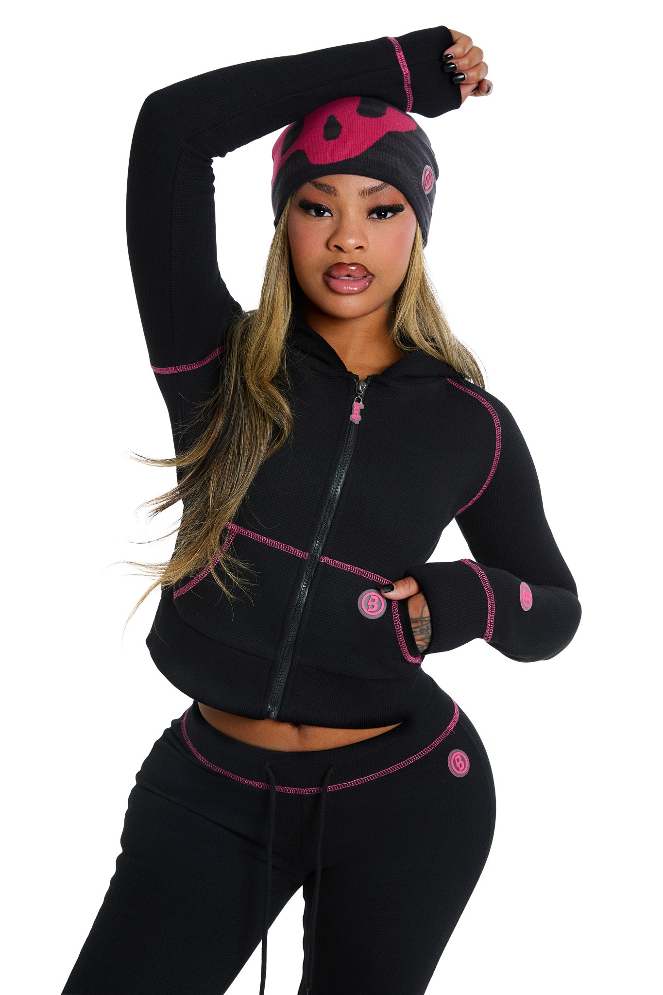 WAFFLE KNIT HOODIE (BLACK/PINK)