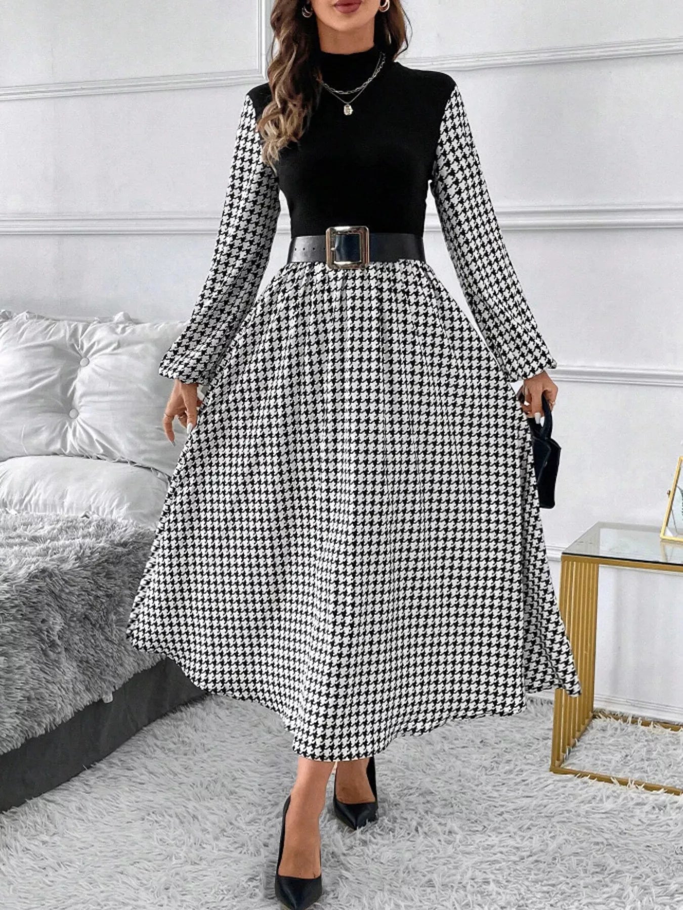 Houndstooth Mock Neck A-Line Dress