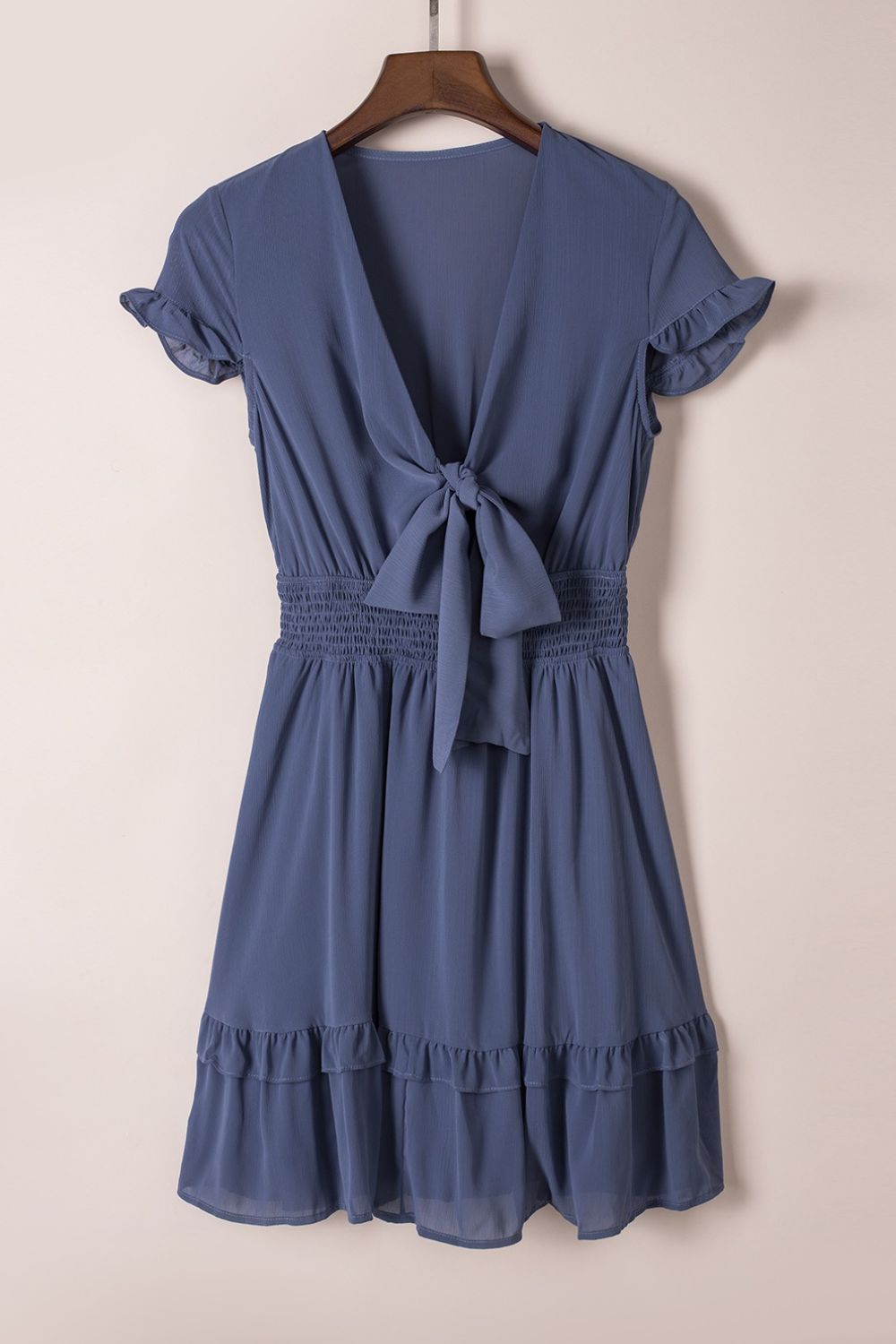 Bow-Tie V-Neck Ruffle Hem Mini Dress