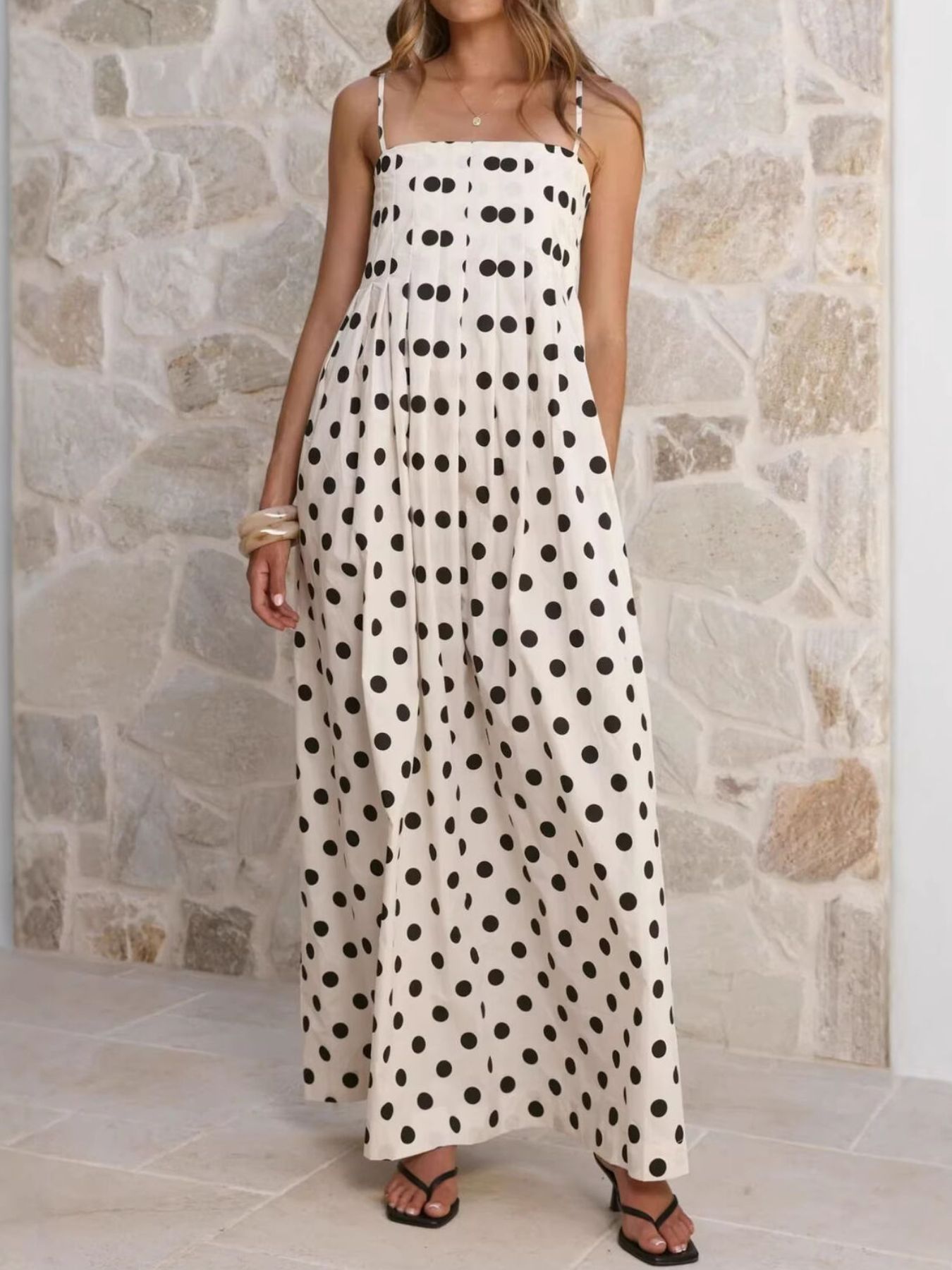 Polka Dot Pleated Detail Maxi Dress