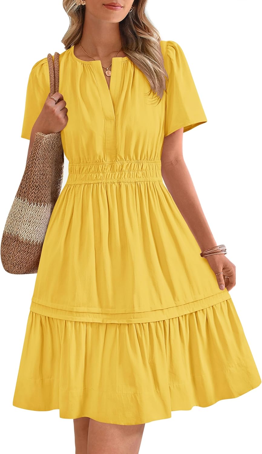 Women's Casual Dresses 2025 Summer Spring V Neck Short Sleeve Sundress Smocked Waist A Line Tiered Mini Dress
