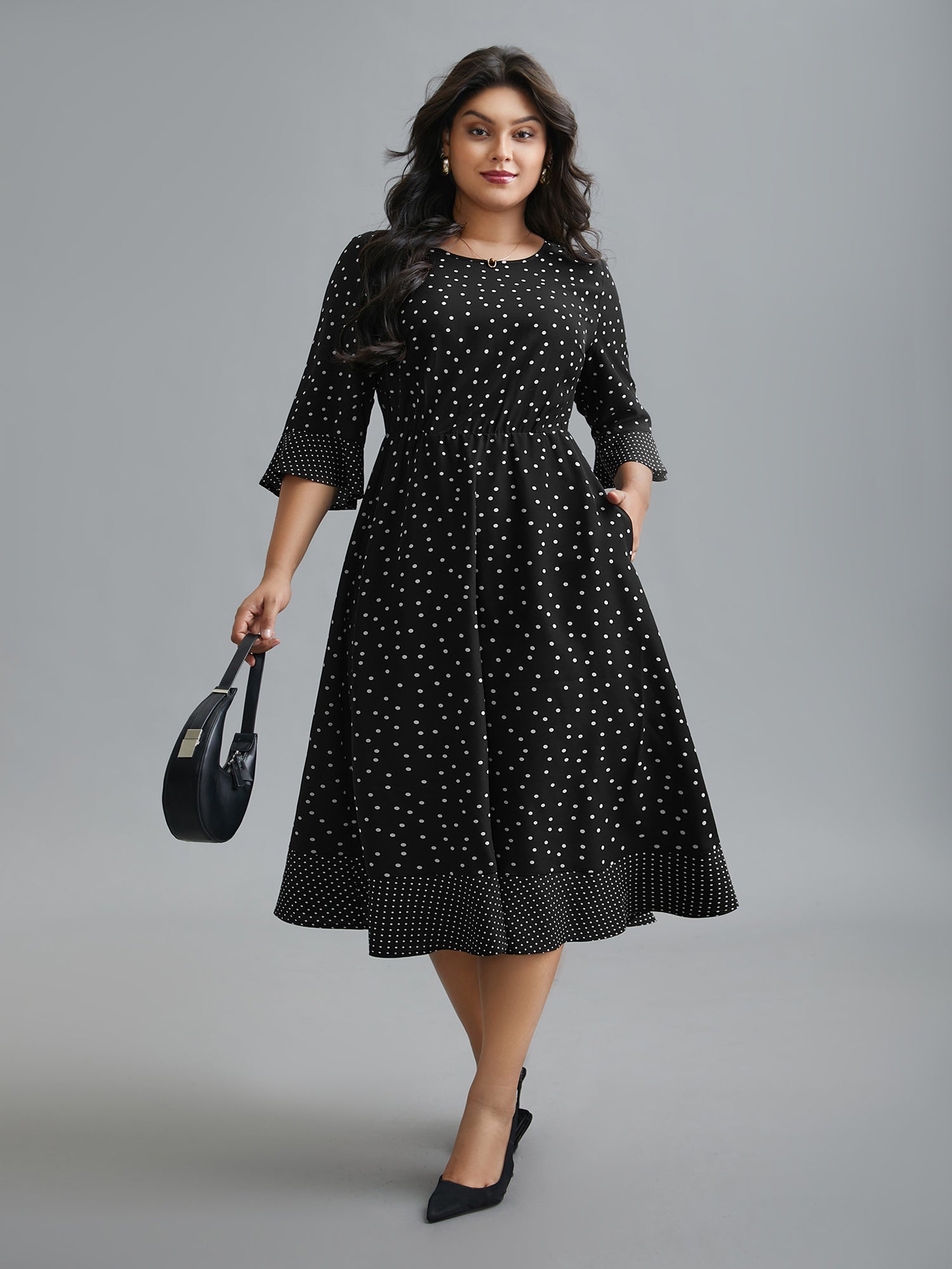 Crew Neck Polka Dot Waist Cinched Dress