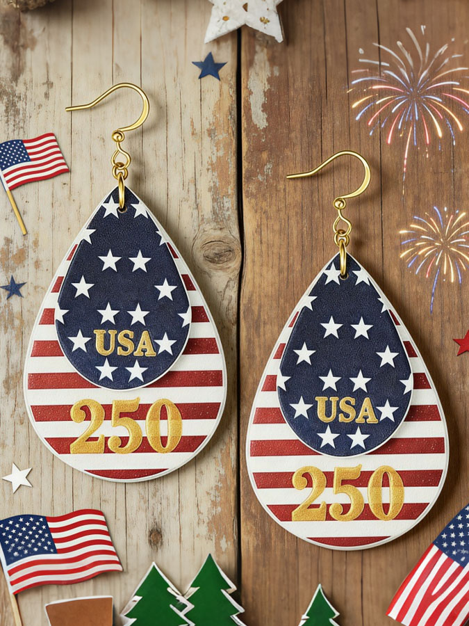 Women'S Independence Day 250Th Anniversary US Flag Striped Pentagram Leather Double Leather Earrings