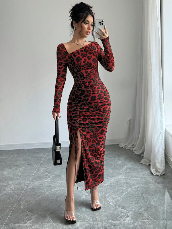 New Women's Round Neck Long Sleeve Leopard Print High Waist Hottie Dress