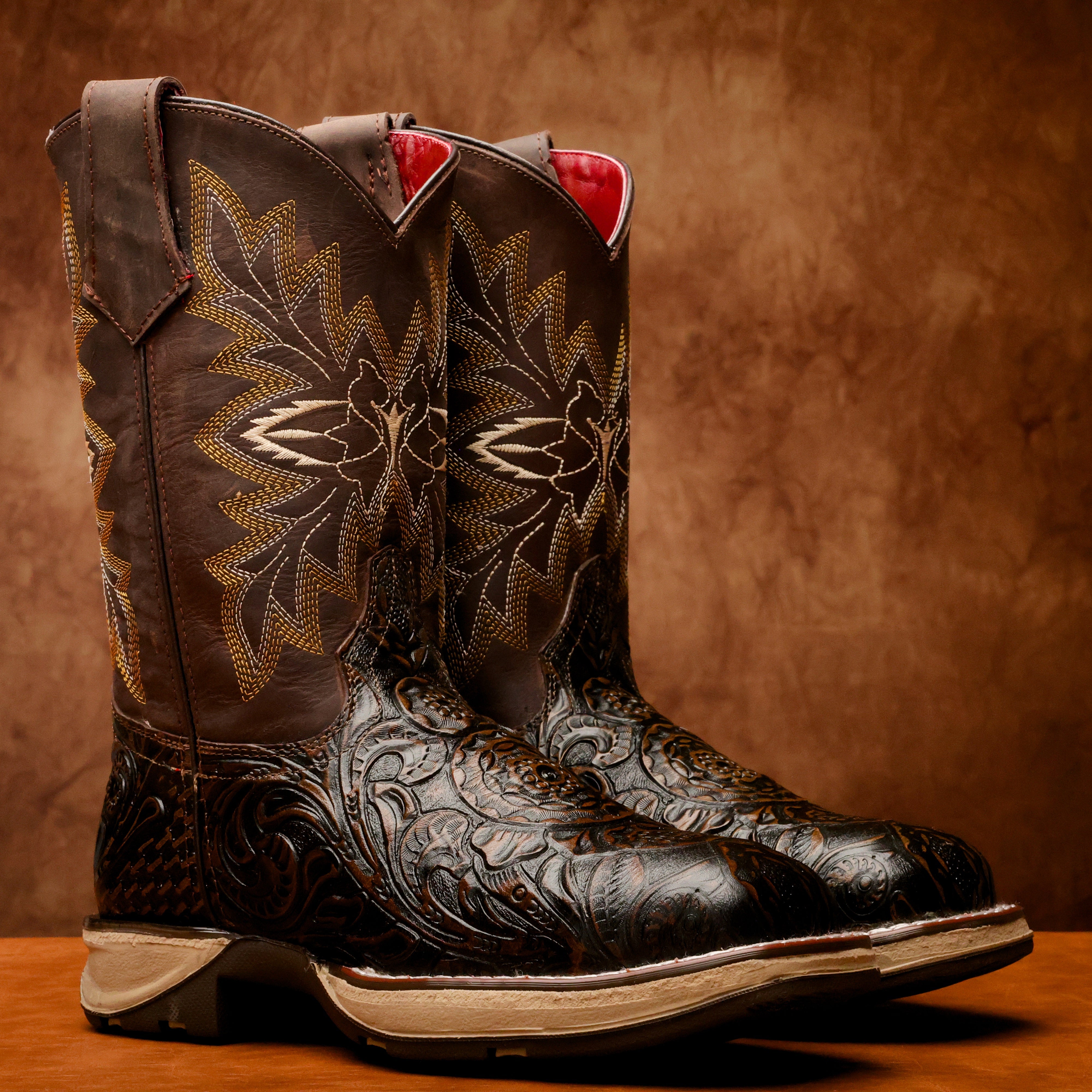 Rustic Brown Hand-Tooled Leather Boots With 3D Lightweight Sole - Composite Toe