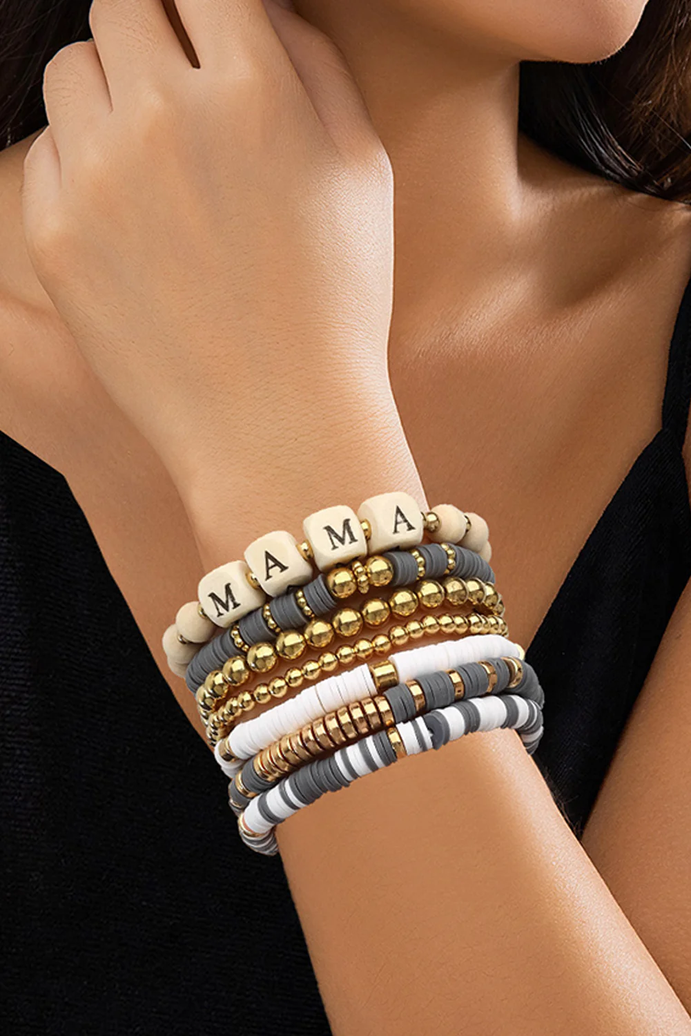 Gray MAMA Beaded Multi Layered Bracelet