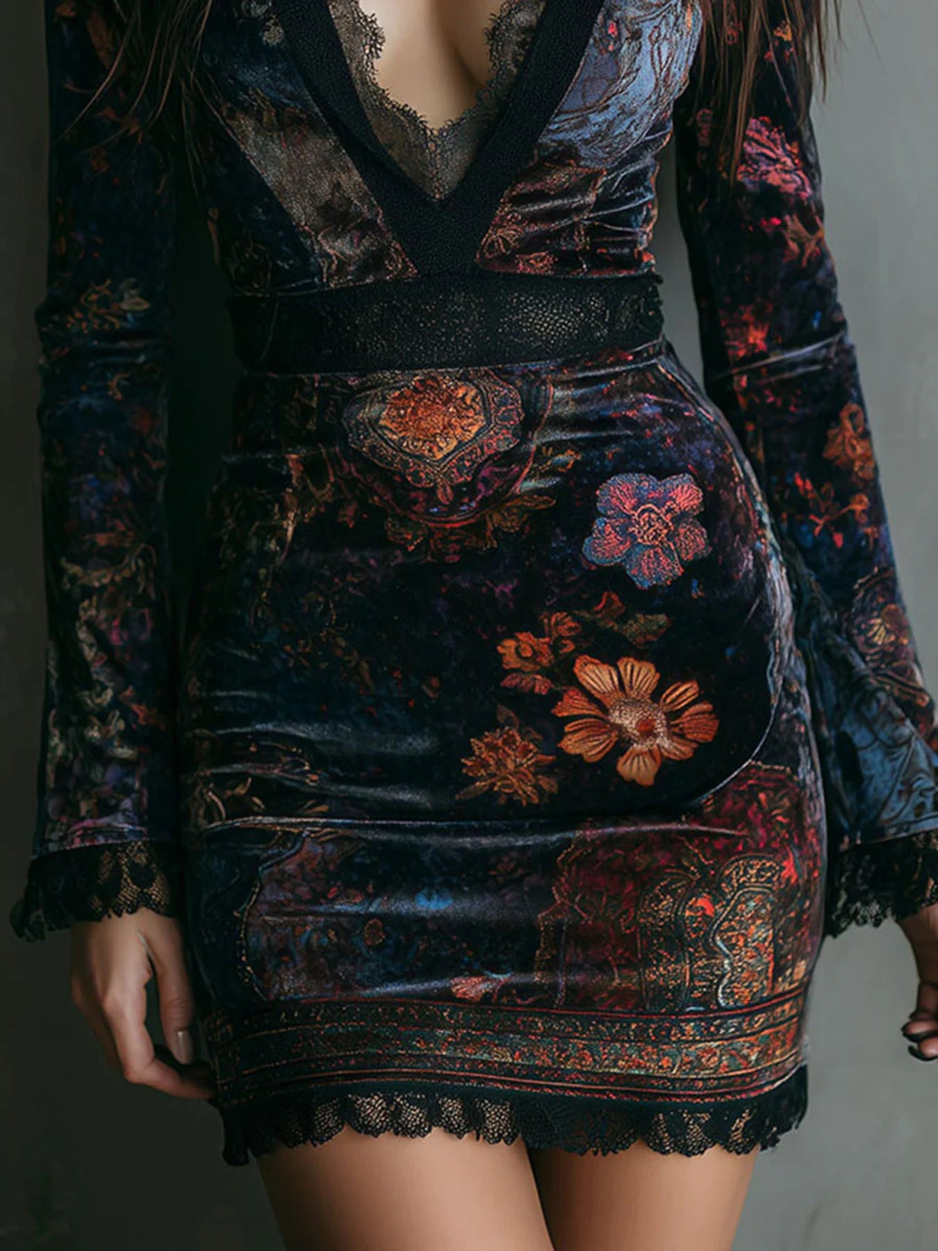Lace Detail Floral Velvet Mini Dress