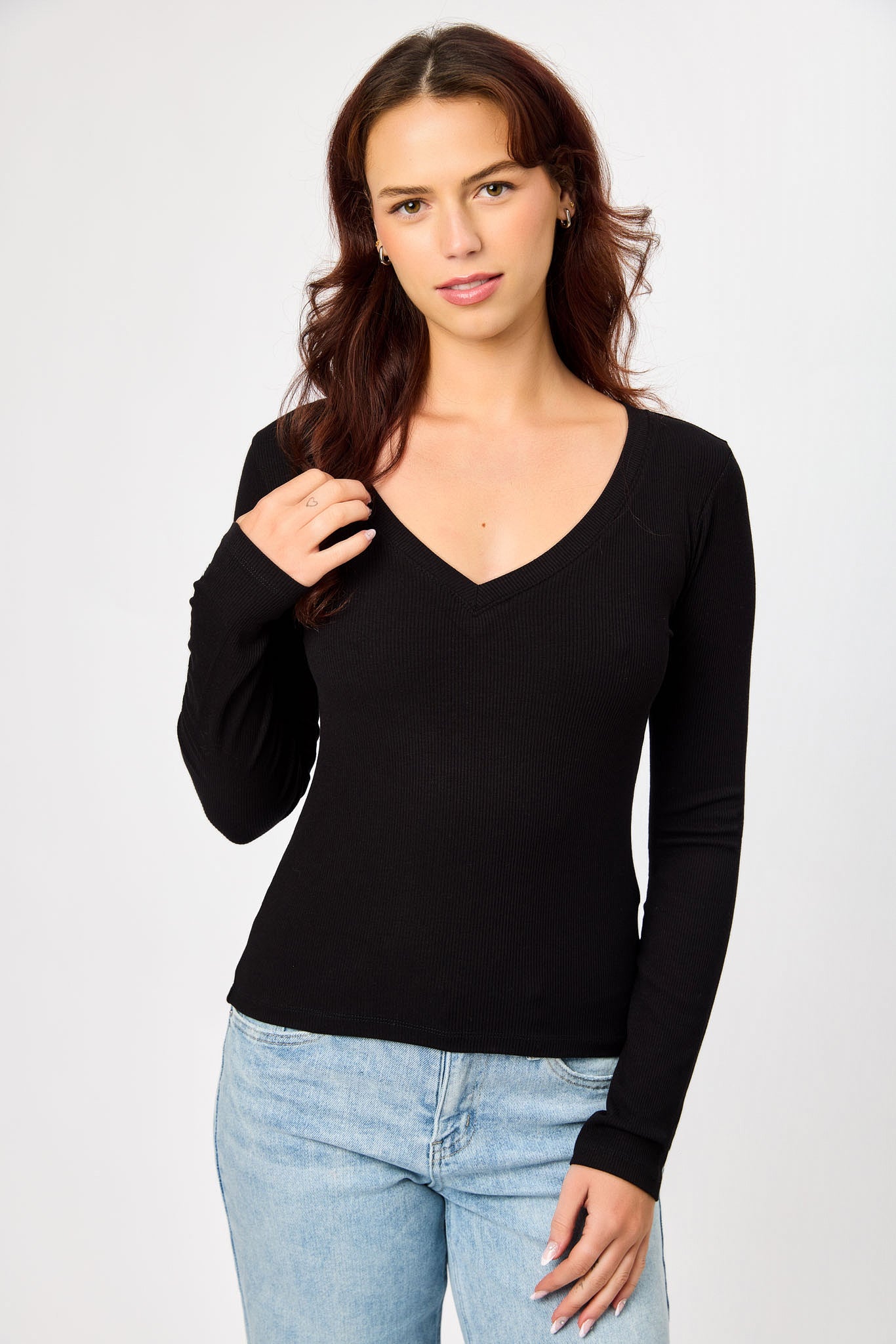 Ribbed V-Neck Long-Sleeve Tee
