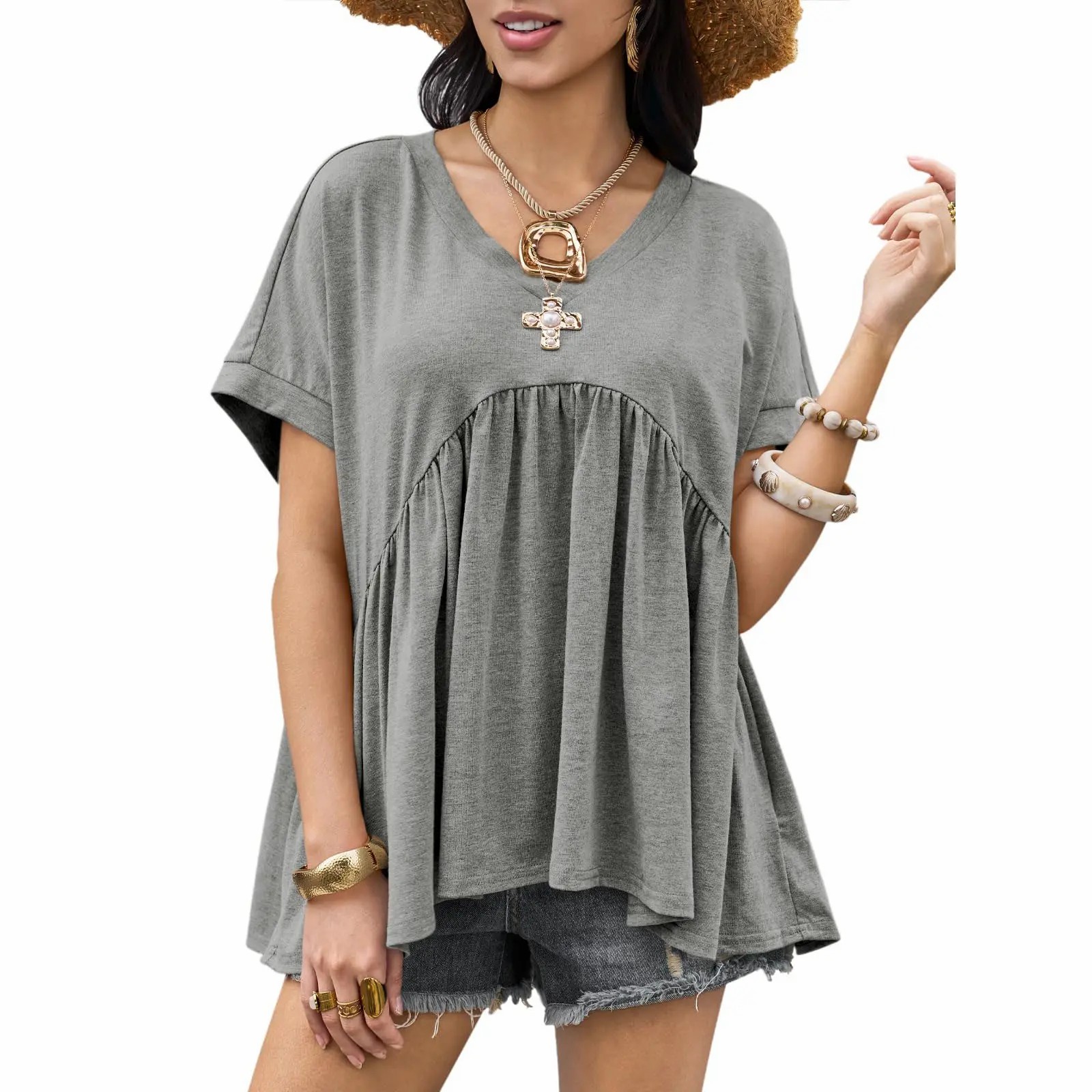 Women’s Flowing V-Neck Babydoll Peplum Blouse