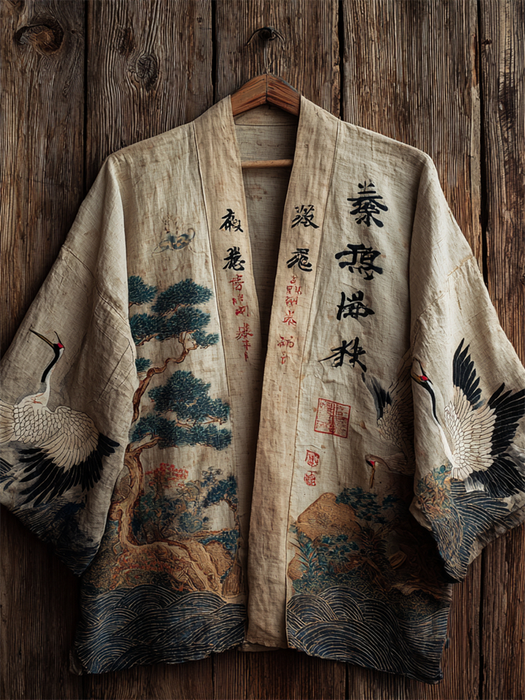 Japanese Cranes & Pine Trees Sea Waves Linen Kimono