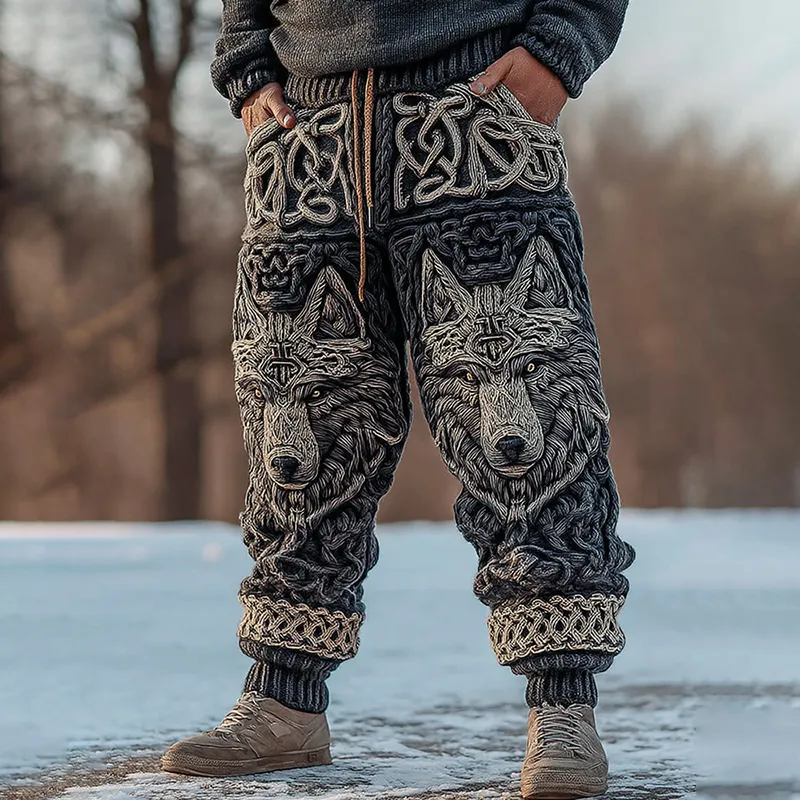 Men's Viking Wolf Celtic Knot Art Wide Leg Warm Knit Pants