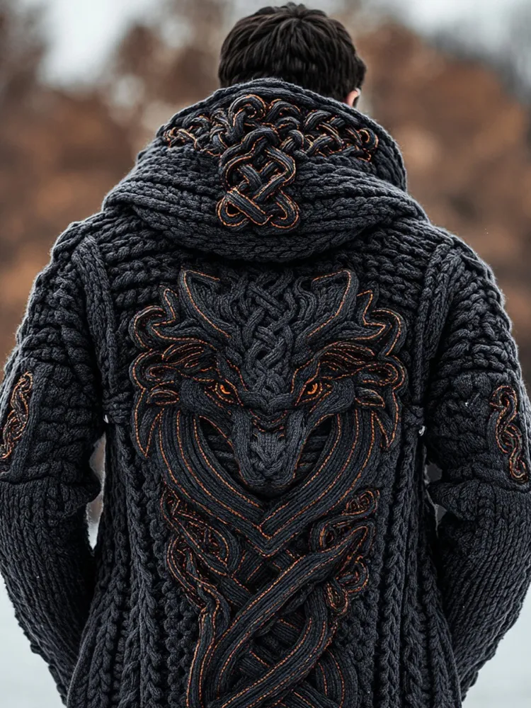 Men's Viking Inspired Celtic Dragon Hooded Sweater Cardigan