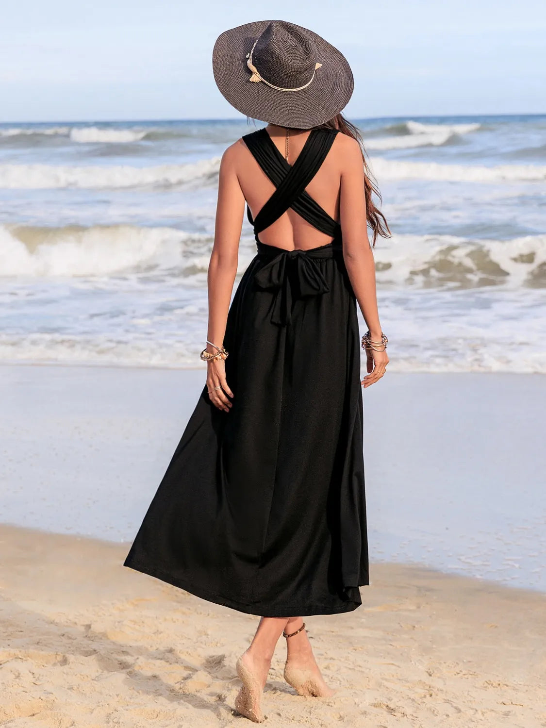 Surplice Sleeveless Ruched Midi Dress