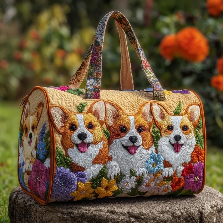 🐶🌼 Triple Corgi Blossoms Quilted Duffle Bag – Cute Pet Lover Travel & Weekender Bag ✨🎒