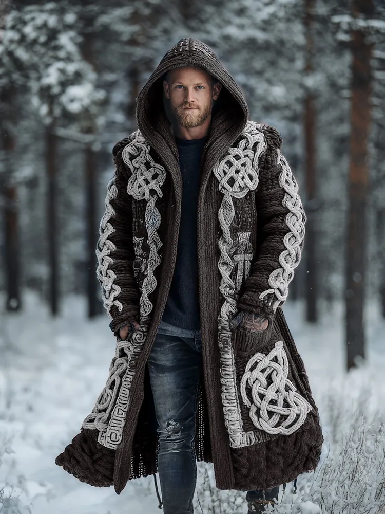 Men's Viking Intricate Celtic Knot Colorblock Pocket Mid-length Cardigan Sweater
