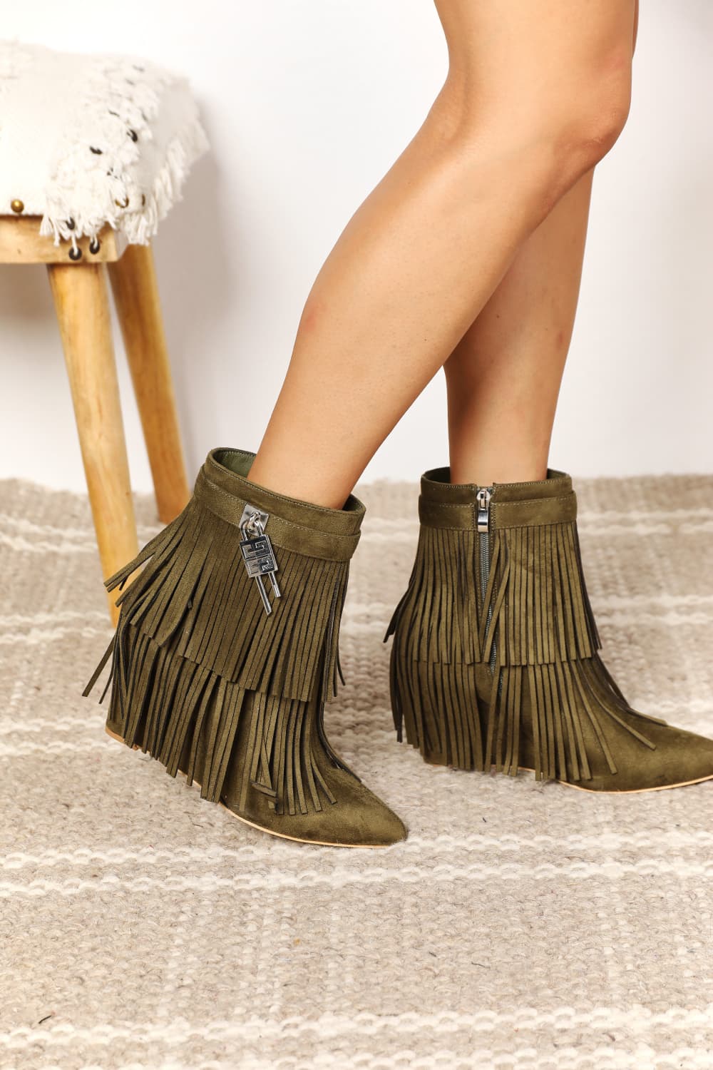 Desert Sunset Tassel Wedge Heel Ankle Booties in Olive