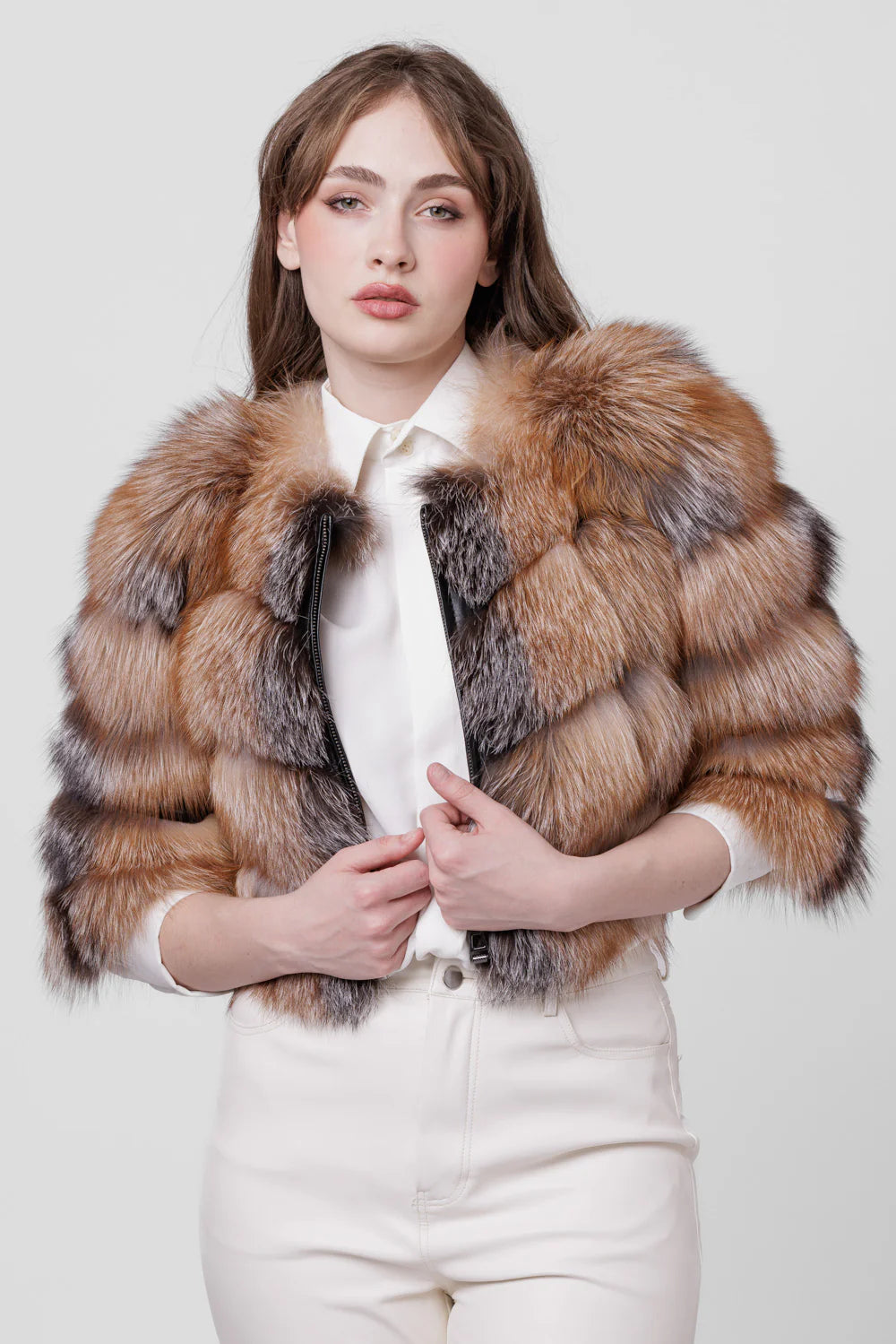 Haină din Blană Naturală de Vulpe Polară, Short, Femei, Brown Frost 246