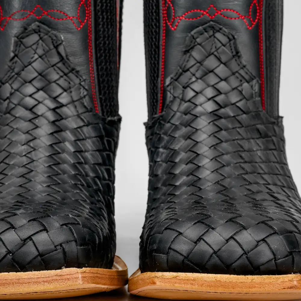 Black Basketweave Leather Boots - Square Toe