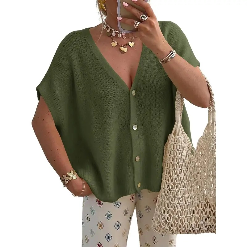 Womens Fall Oversized Cardigans Batwing Short Sleeve Lightweight Button V Neck Casual Knit Sweater Tops