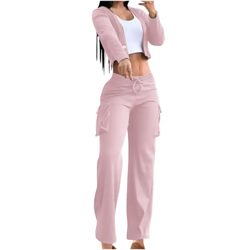 2 Piece Set for Women Casual Suit Cardigan Button with Pocket